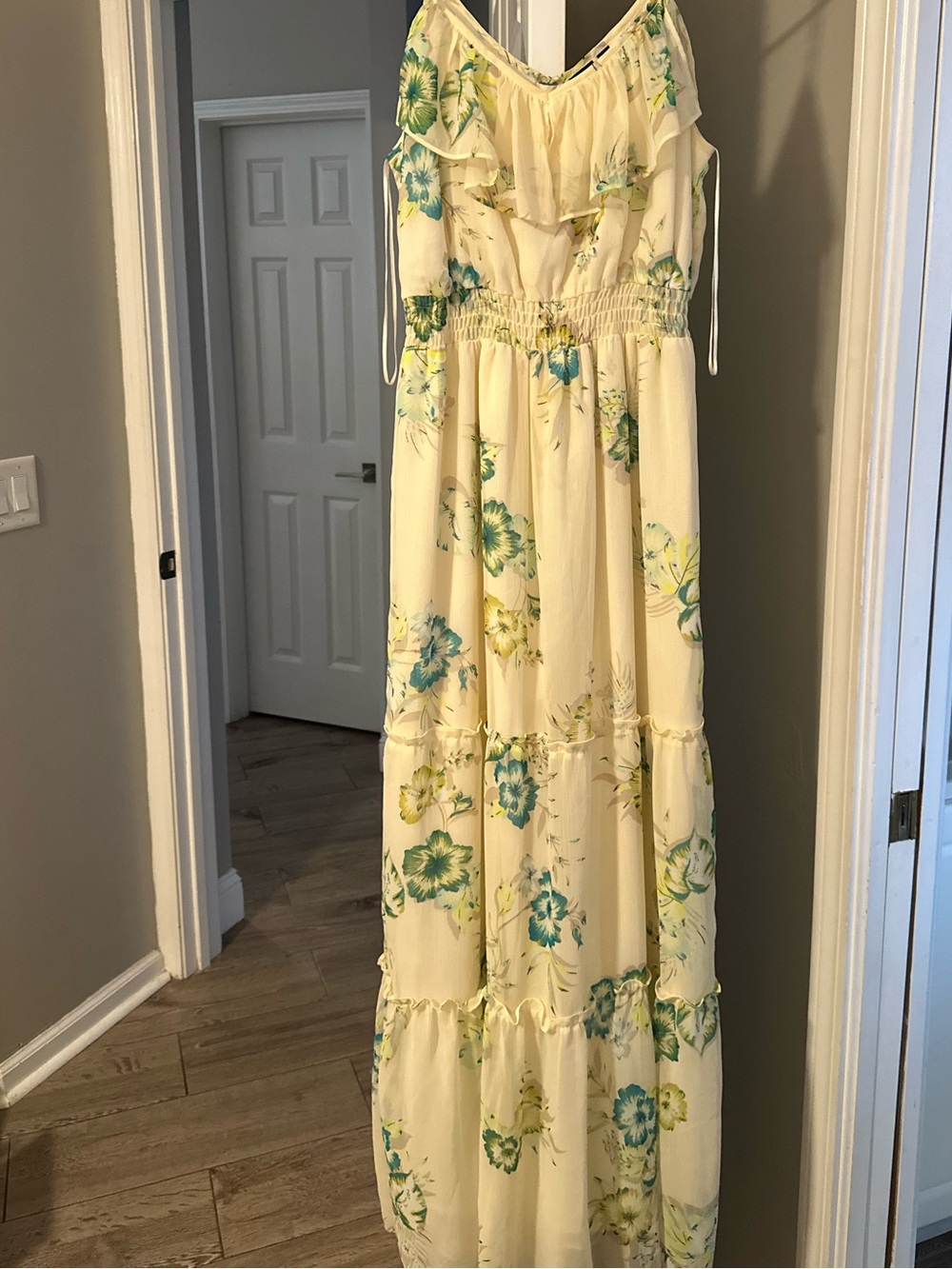 Kaari Blue Yellow Floral Ruffle Maxi Dress